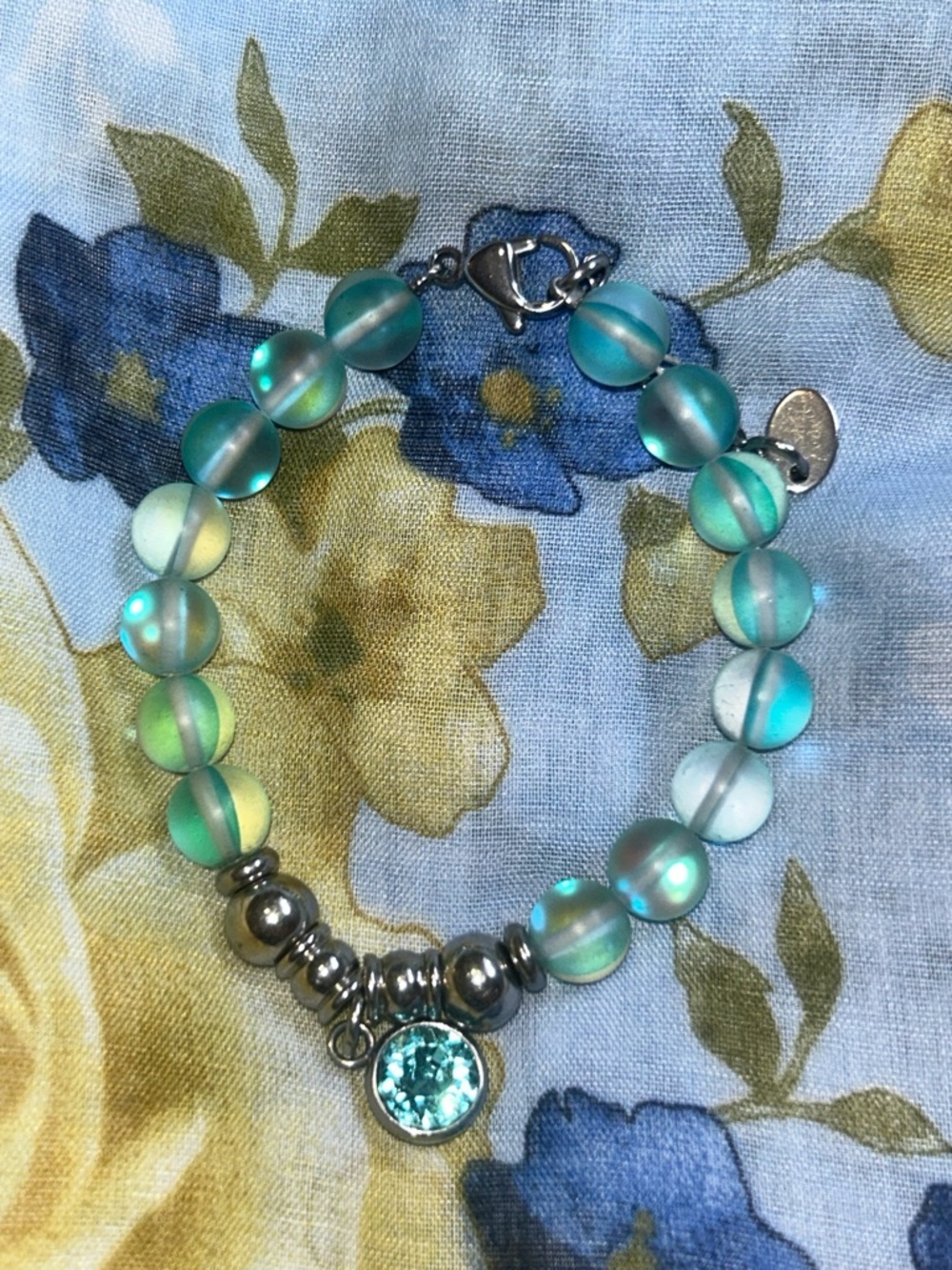 Tocara Teal Beaded Crystal Charm Stainless Steel Iridescent Bracelet